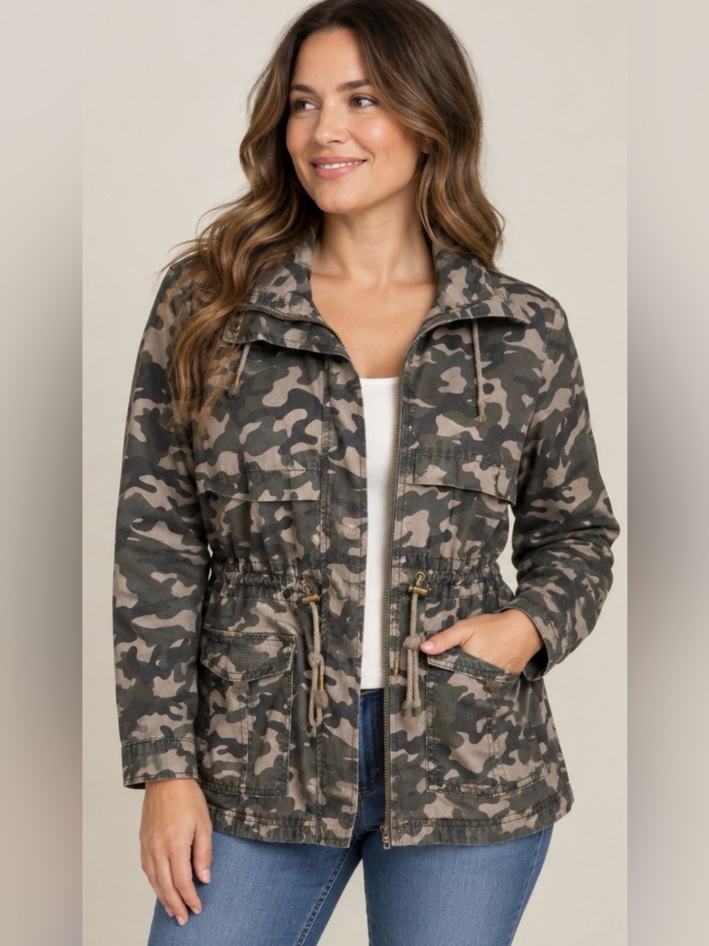 Kensie Taupe & Black Camo Drawstring Utility Jacket